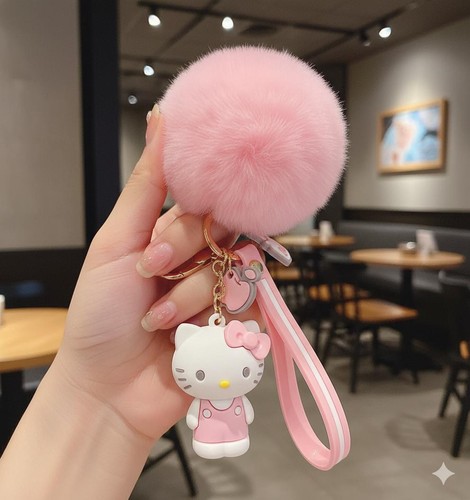 Pink kitty pompom keychain - kitty,